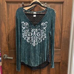 Affliction Teal Long Sleeve Blouse with White Design